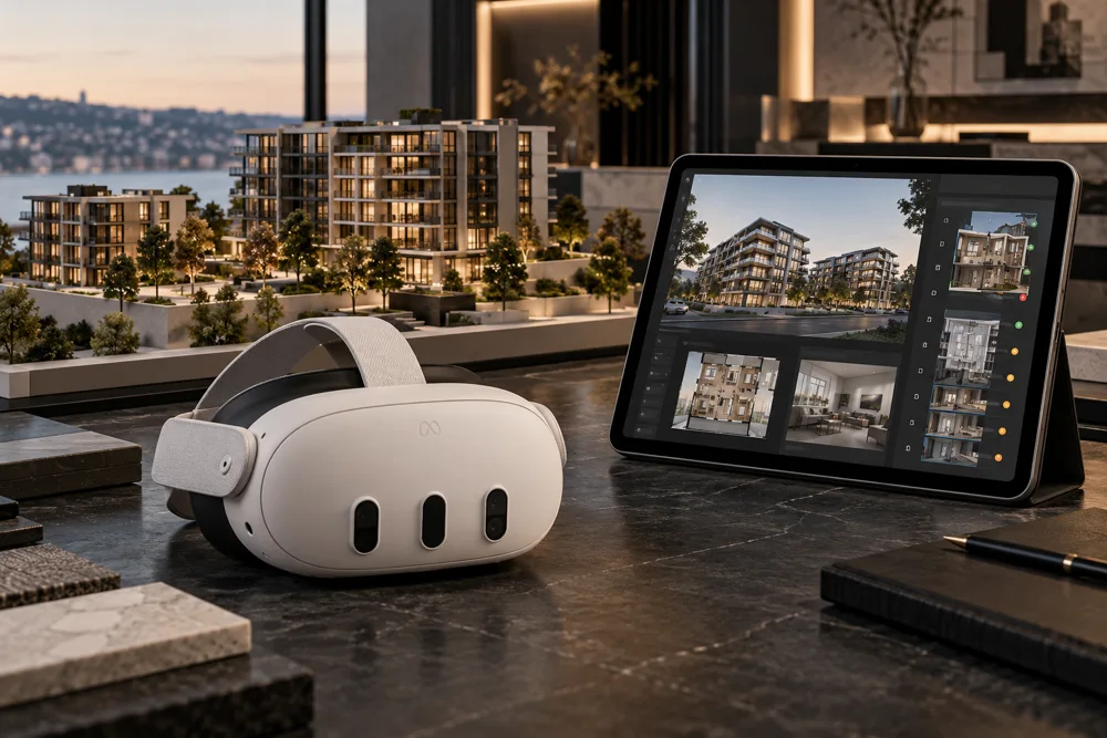 VR headset, architectural community model and tablet with property selection interface